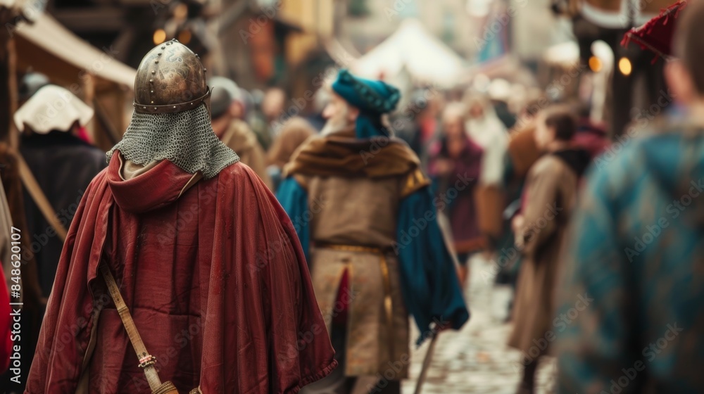 Defocused scene of a medieval marketplace with actors in authentic costumes. Defocused scene of a medieval marketplace with actors in authentic costumes.