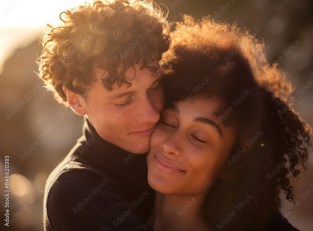 Happy mixed-race couple hugging outdoors
