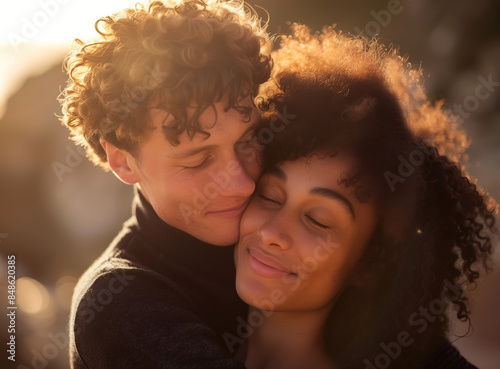 Obraz na płótnie Happy mixed-race couple hugging outdoors w salonie