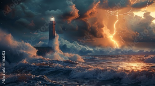 Dramatic Lighthouse with Crashing Waves and Lightning in the Background photo