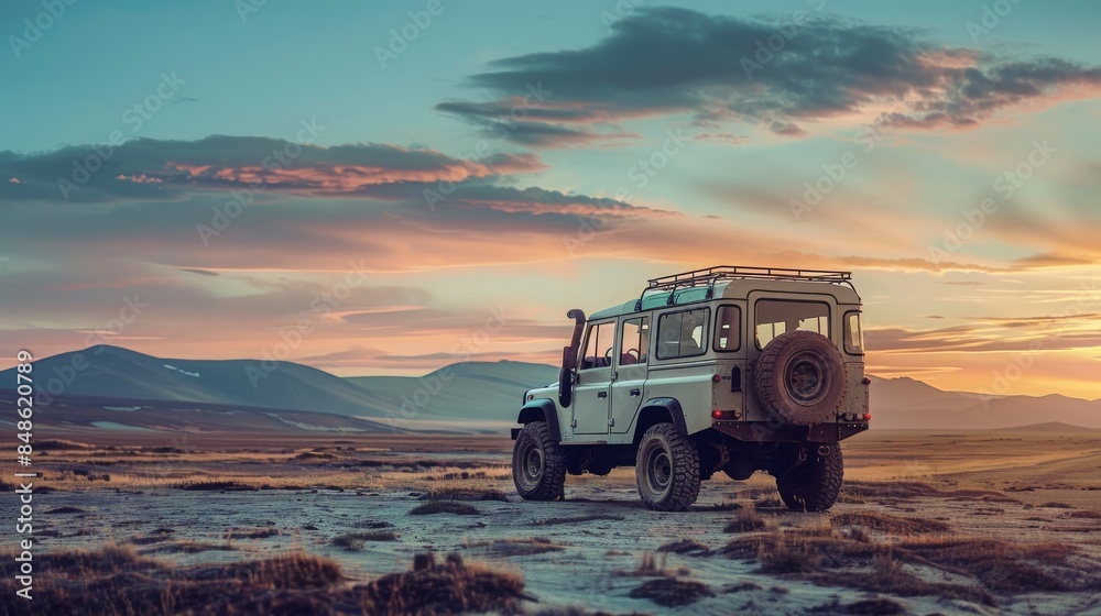 Rugged Off-Road Vehicle Parked in Desert Landscape at Dusk Highlighting Adventure and Exploration Rugged Off-Road Vehicle Parked in Desert Landscape at Dusk Highlighting Adventure and Exploration