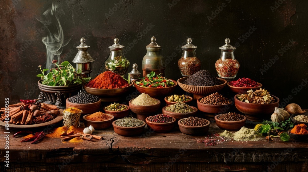 Display of Exotic Spices and Herbs from Around the World on Rustic Wooden Table Highlighting Global Cuisine