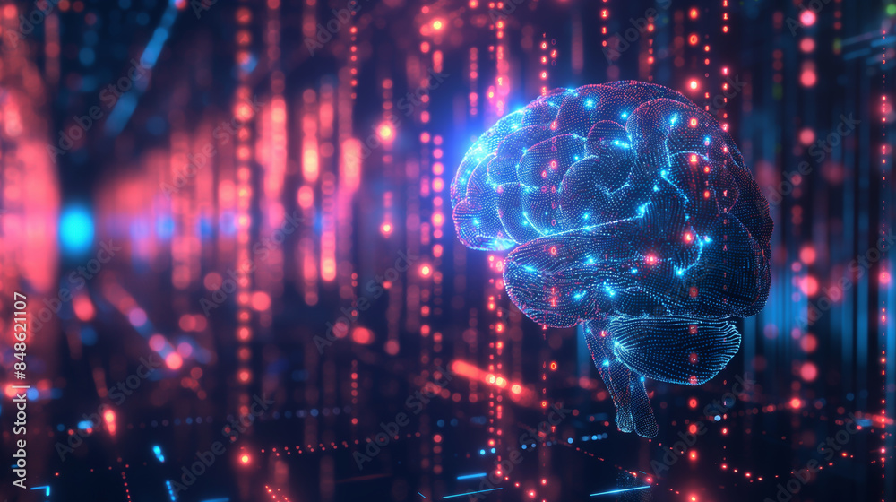 The human brain is the control center of the nervous system and is responsible for coordinating all functions of the body. , 3D illustration of an artificial intelligence concept. A glowing brain-shap The human brain is the control center of the nervous system and is responsible for coordinating all functions of the body. , 3D illustration of an artificial intelligence concept. A glowing brain-shap