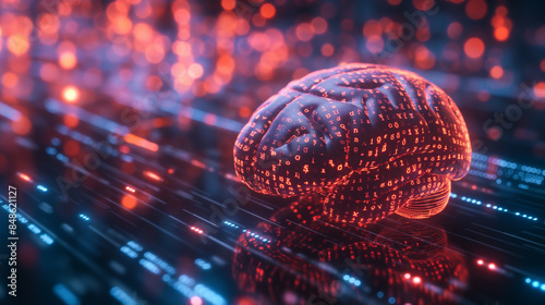 The human brain is the control center of the nervous system and is responsible for coordinating all functions of the body. , 3D illustration of an artificial intelligence concept. A glowing brain-shap photo