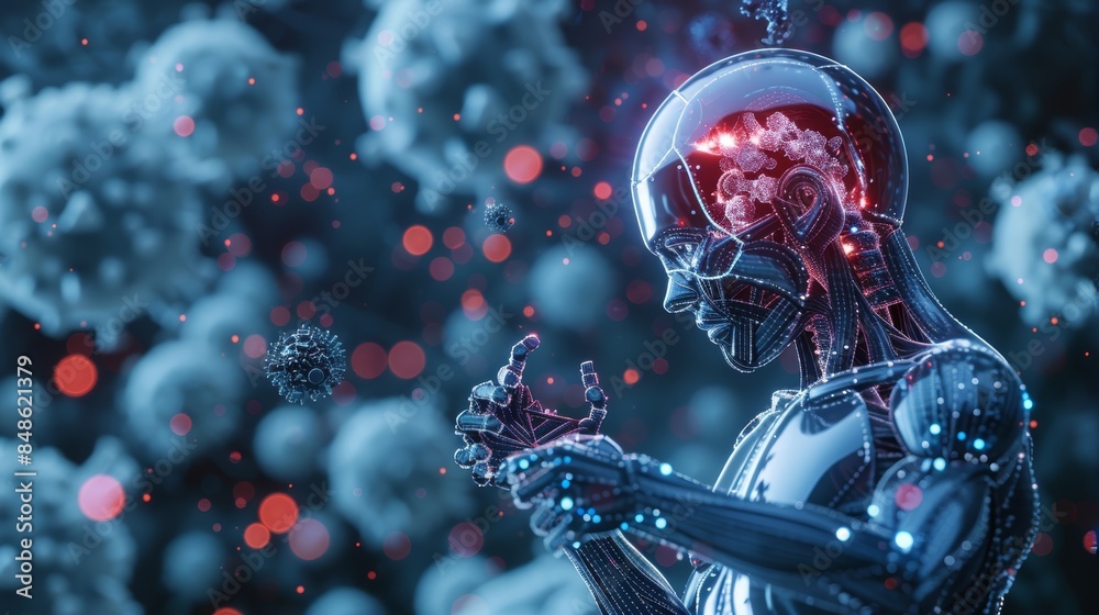 A futuristic robot with a glowing brain stands amidst a field of abstract particles. A futuristic robot with a glowing brain stands amidst a field of abstract particles.