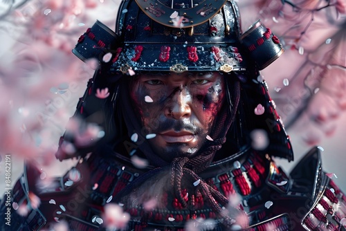 Crimson Samurai Warrior Stands Resolute Amid Drifting Cherry Blossoms and Indigo Skies