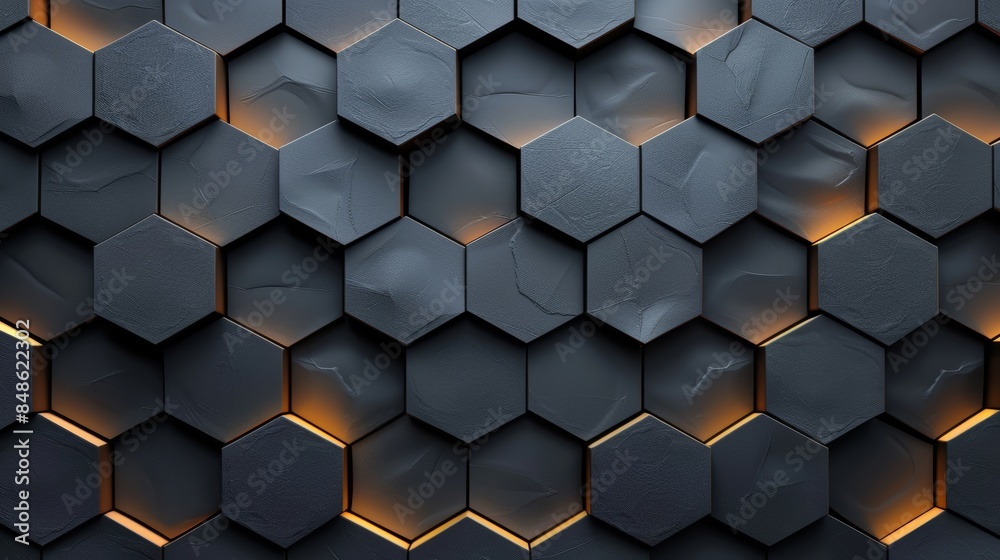 Abstract hexagonal pattern with glowing edges. Geometric background with dark grey and warm orange hues. Abstract hexagonal pattern with glowing edges. Geometric background with dark grey and warm orange hues.