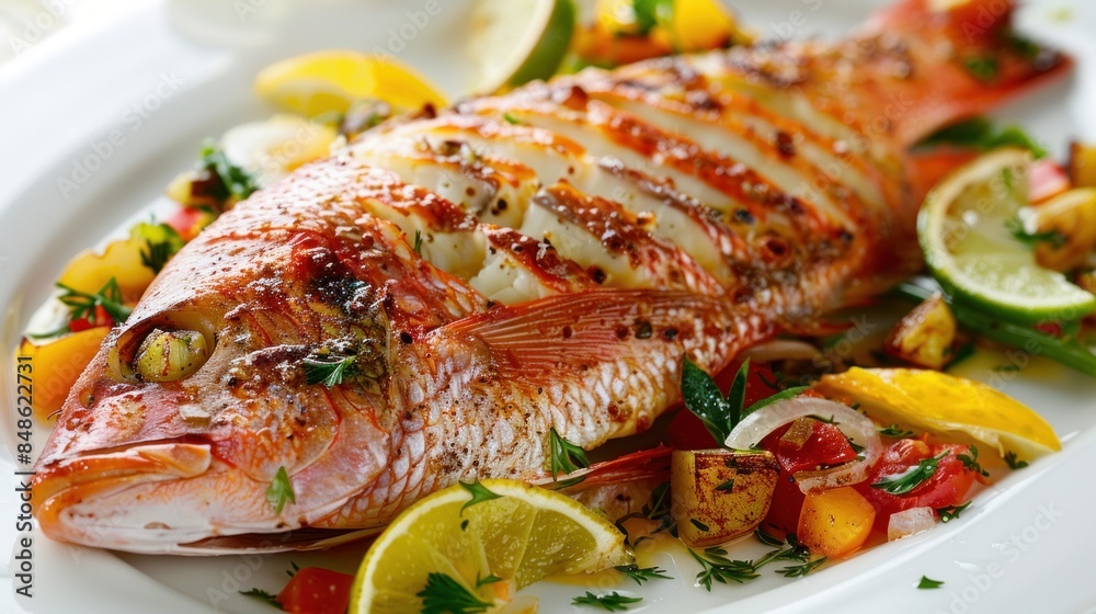 fish that has been grilled and served on a plate. The fish looked perfectly cooked with visible grill marks on the surface fish that has been grilled and served on a plate. The fish looked perfectly cooked with visible grill marks on the surface