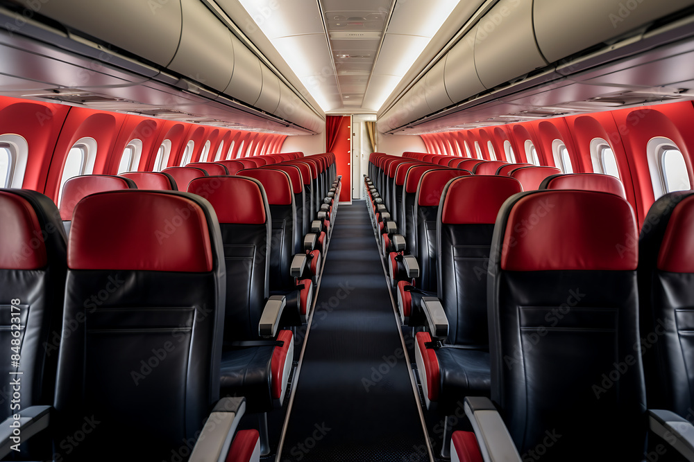 Interior of airplane with red seats and white ceiling. 3d rendering Interior of airplane with red seats and white ceiling. 3d rendering