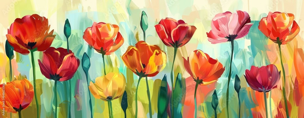 Vibrant Field of Green and Red Tulips in an Oil Painting on Canvas in Artistic Beauty Vibrant Field of Green and Red Tulips in an Oil Painting on Canvas in Artistic Beauty