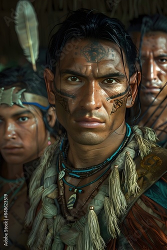 Portrait of an Isolated Amazon Jungle Community Tribal Warrior in Cinematic Lighting