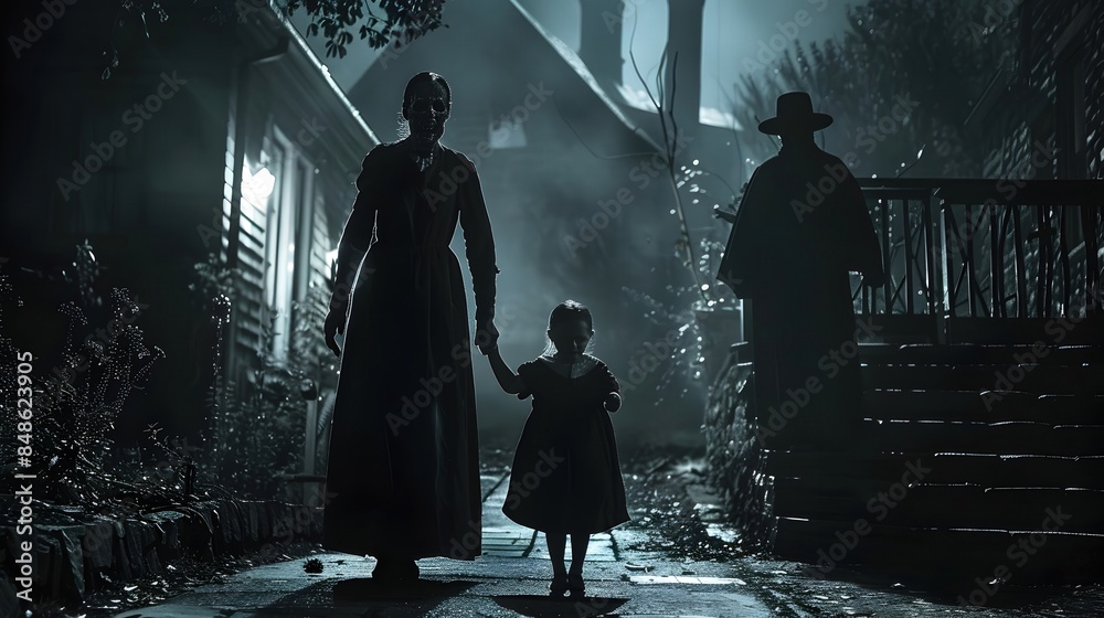 Unsettling Suburban Encounter:Creepy Woman Grips Child's Hand as Shadowy Priest Looms in Dimly Lit Night Scene Unsettling Suburban Encounter:Creepy Woman Grips Child's Hand as Shadowy Priest Looms in Dimly Lit Night Scene