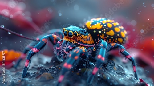 Vibrant Joro Spider Curled in Minimalist Studio Portrait with Compelling Patterns and Colors photo