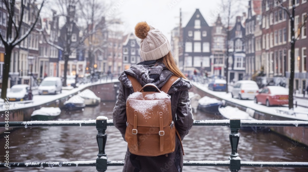Backpacker Exploring European City in Winter Backpacker Exploring European City in Winter