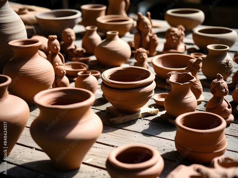 A collection of earthenware such as vases, bowls and pots hangs to dry on a rustic wooden table A collection of earthenware such as vases, bowls and pots hangs to dry on a rustic wooden table