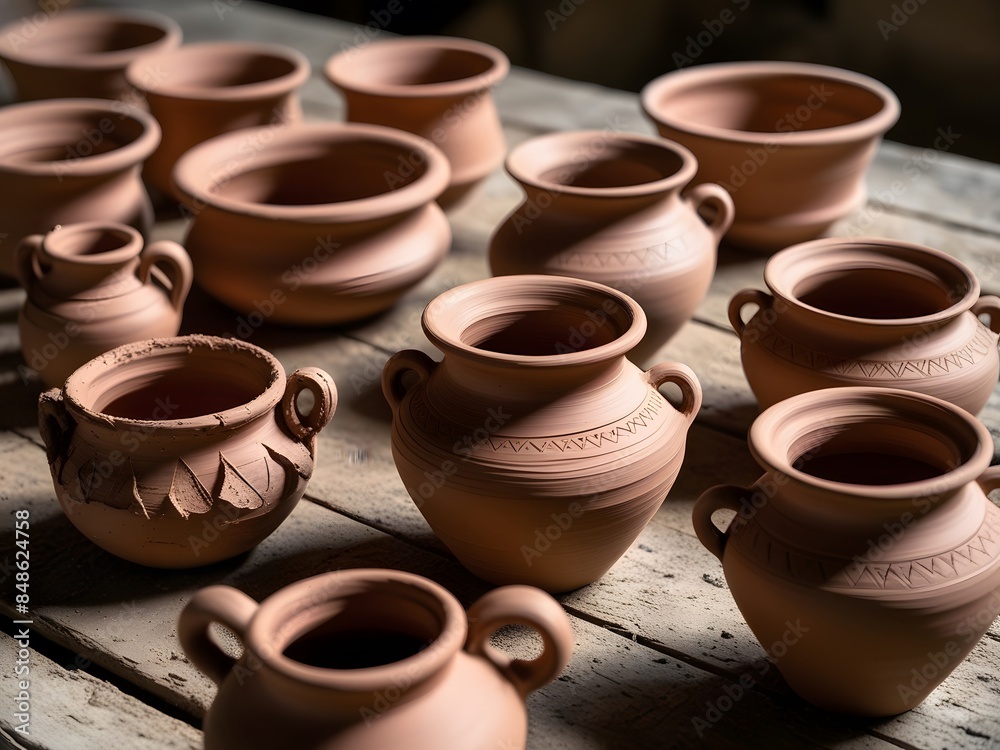 A collection of earthenware such as vases, bowls and pots hangs to dry on a rustic wooden table A collection of earthenware such as vases, bowls and pots hangs to dry on a rustic wooden table