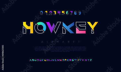 Howkey creative geometric modern urban alphabet font. Digital abstract futuristic, fashion, sport, minimal technology typography. Simple numeric vector illustration