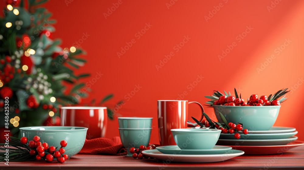 Festive table setting with turquoise dishes and red berries, perfect for Christmas or holiday celebrations against a vibrant red background. Festive table setting with turquoise dishes and red berries, perfect for Christmas or holiday celebrations against a vibrant red background.