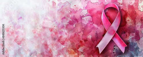 Breast cancer awareness pink ribbon on vibrant watercolor background, symbolizing hope and support.