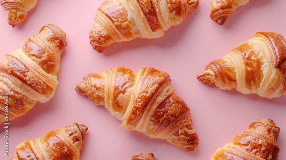 Golden Croissants on a Pink Canvas, A Delightful Breakfast Symphony Golden Croissants on a Pink Canvas, A Delightful Breakfast Symphony