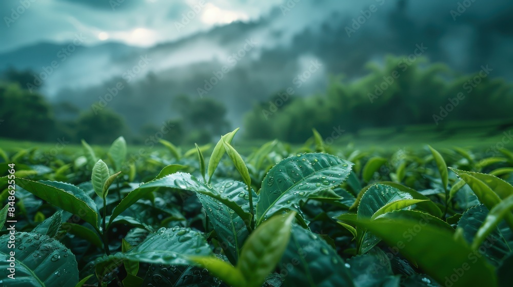 Dew-Kissed Tea Leaves in a Misty Morning Landscape Dew-Kissed Tea Leaves in a Misty Morning Landscape