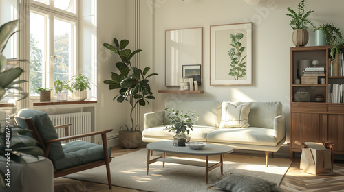Virtual room décor with a touch of nature through 3D plants, Minimalistic 3D living room design featuring vibrant potted plants, Modern living room with lush green plants in 3D rendering.