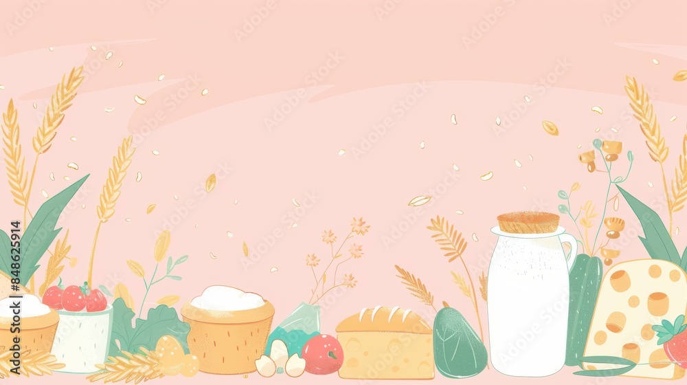 Border design with illustrations of dairy products and wheat sheaves for Shavuot, isolated on a pastel pink background