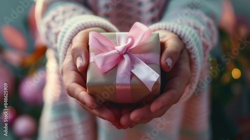 Close up photo of woman's hand holding a small gift box with a pink ribbon