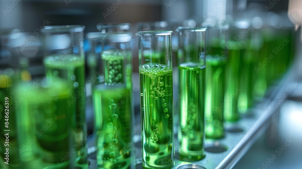 A close up of test tubes in a lab filled with green liquid. A close up of test tubes in a lab filled with green liquid.