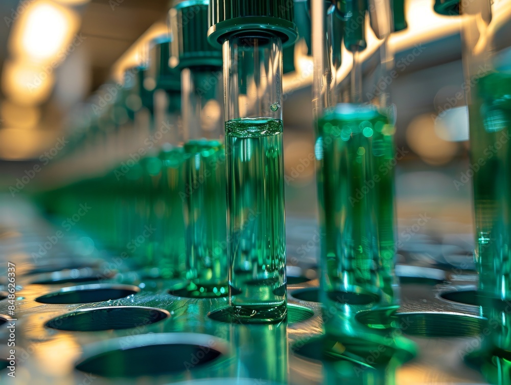 A close up of test tubes in a lab filled with green liquid. A close up of test tubes in a lab filled with green liquid.