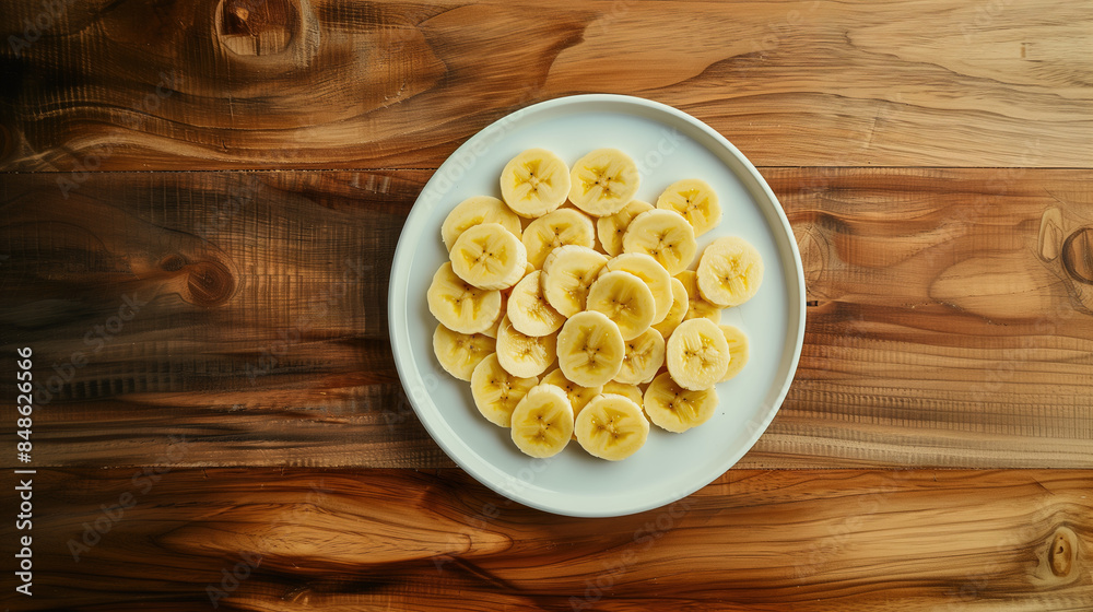 A portrait of a white plate sitting on a beautiful wooden table counter containing delicious slices of bananas lit up by a bright sunny day A portrait of a white plate sitting on a beautiful wooden table counter containing delicious slices of bananas lit up by a bright sunny day
