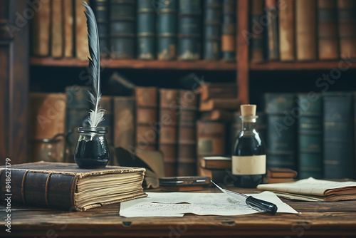 Old books, quill and inkwell on a wooden table. photo