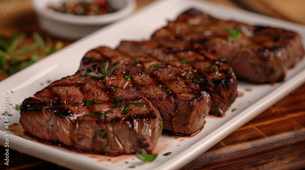 Portrait of a white plate sitting on a beautiful wooden table containing delicious slices of steak during a sunny day Portrait of a white plate sitting on a beautiful wooden table containing delicious slices of steak during a sunny day
