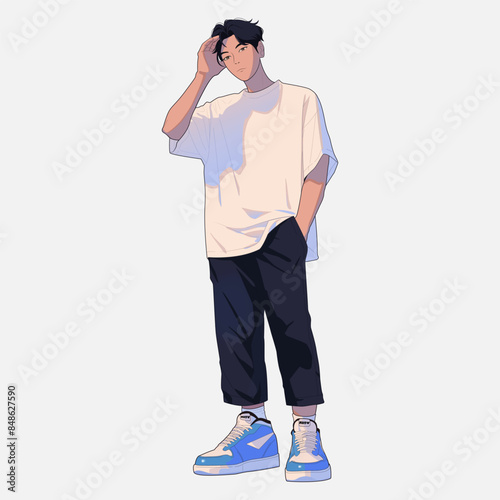 Vector illustration of handsome Korean man character isolated on white background. Fashion. Retro, y2k, cartoon, anime style. Design for poster, banner, t-shirt, fabric. Manga or webtoon graphic.