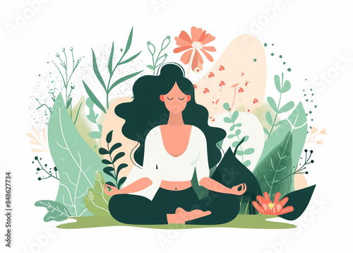 A woman meditating in the lotus position, a flat vector illustration with a green leaves and flowers background, in a simple minimalistic style, a cute cartoon design for a yoga studio logo design.  photo