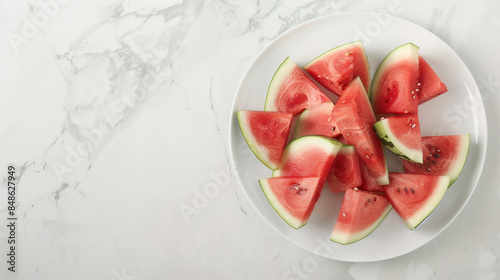 Portrait of a white plate sitting on a beautiful white marble table counter containing delicious slices of a watermelon during a sunny day 