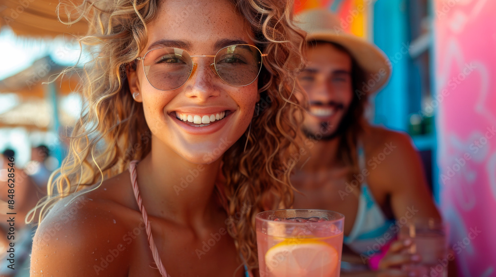 A young couple, dressed in beach attire, enjoys a refreshing drink while smiling and soaking in the summer atmosphere. Their joy and relaxation highlight the essence of a perfect vacation A young couple, dressed in beach attire, enjoys a refreshing drink while smiling and soaking in the summer atmosphere. Their joy and relaxation highlight the essence of a perfect vacation