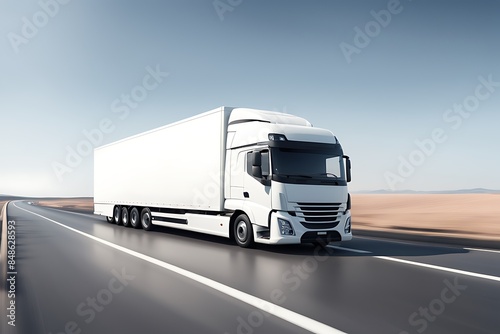  A white cargo truck design with a white blank empty trailer for an ad on a highway road in Europe design. 
