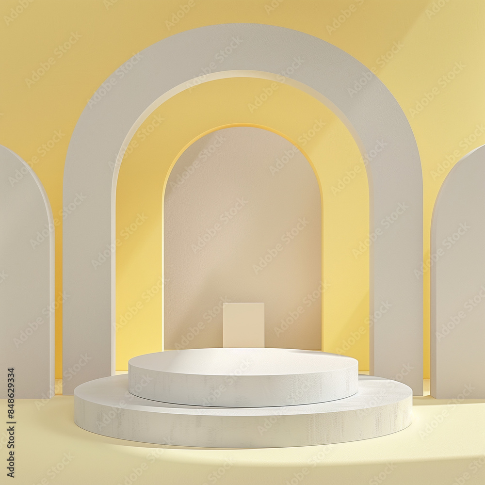 minimalist pastel yellow setup with muted gray archways, framing a white circular podium minimalist pastel yellow setup with muted gray archways, framing a white circular podium