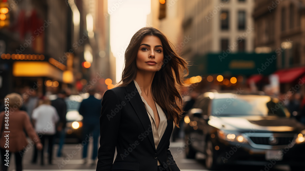 Confident Businesswoman in Chic Suit on Bustling City Street Corner