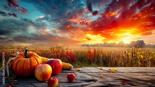 Thanksgiving With Pumpkins Apples And Corncobs On Wooden Table With Field Trees And Sky In Background.  photo