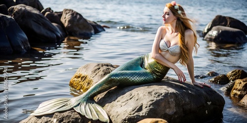 gorgeous queen mermaid sitting on a rock. mermaid princess, mermaid costume. photo