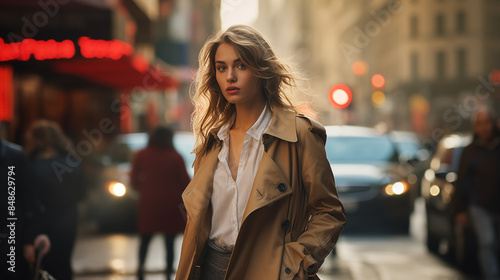 Chic Woman in Trench Coat on Busy City Street