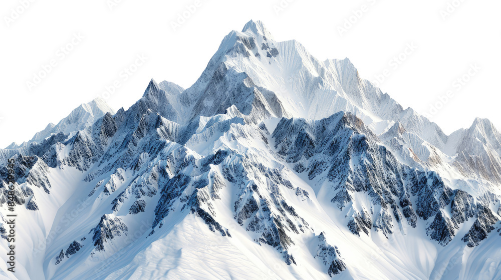 Obraz premium Landscape of mountains blanketed in snow, showcasing majestic peaks and pristine white slopes, isolated on a transparent background