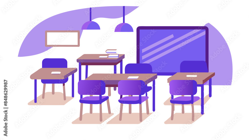 Classroom scene featuring desks and chairs for students to use. Picture of a classroom environment complete with desks and chairs. Classroom scene featuring desks and chairs for students to use. Picture of a classroom environment complete with desks and chairs.