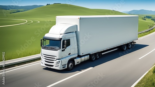  A white cargo truck design with a white blank empty trailer for an ad on a highway road in Europe design. 
