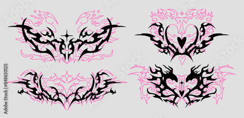 A collection of neo-tribal quirky elegant tattoos in pink and black on a gray background. Cybersigilism and Y2K aesthetics.