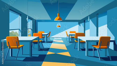 Image of a classroom setup with desks and chairs arranged neatly.  Illustration showing a typical classroom layout with desks and chairs. 