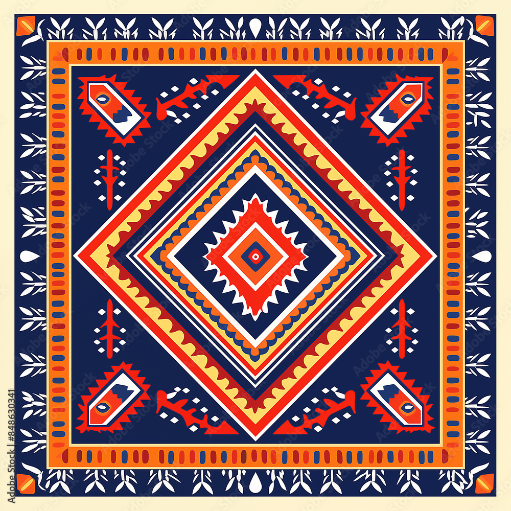 print design in the style of ethnic carpet patterns, Aztec art and African textile designs. Red blue yellow orange print design in the style of ethnic carpet patterns, Aztec art and African textile designs. Red blue yellow orange