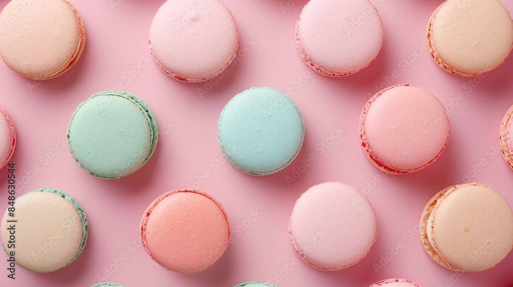 Macarons arranged in pastel shades on a pink background Macarons arranged in pastel shades on a pink background